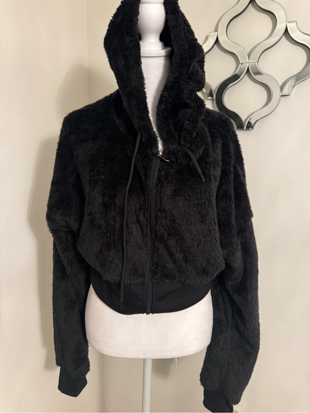 Ladies Plush Hooded Zip Jacket in Black